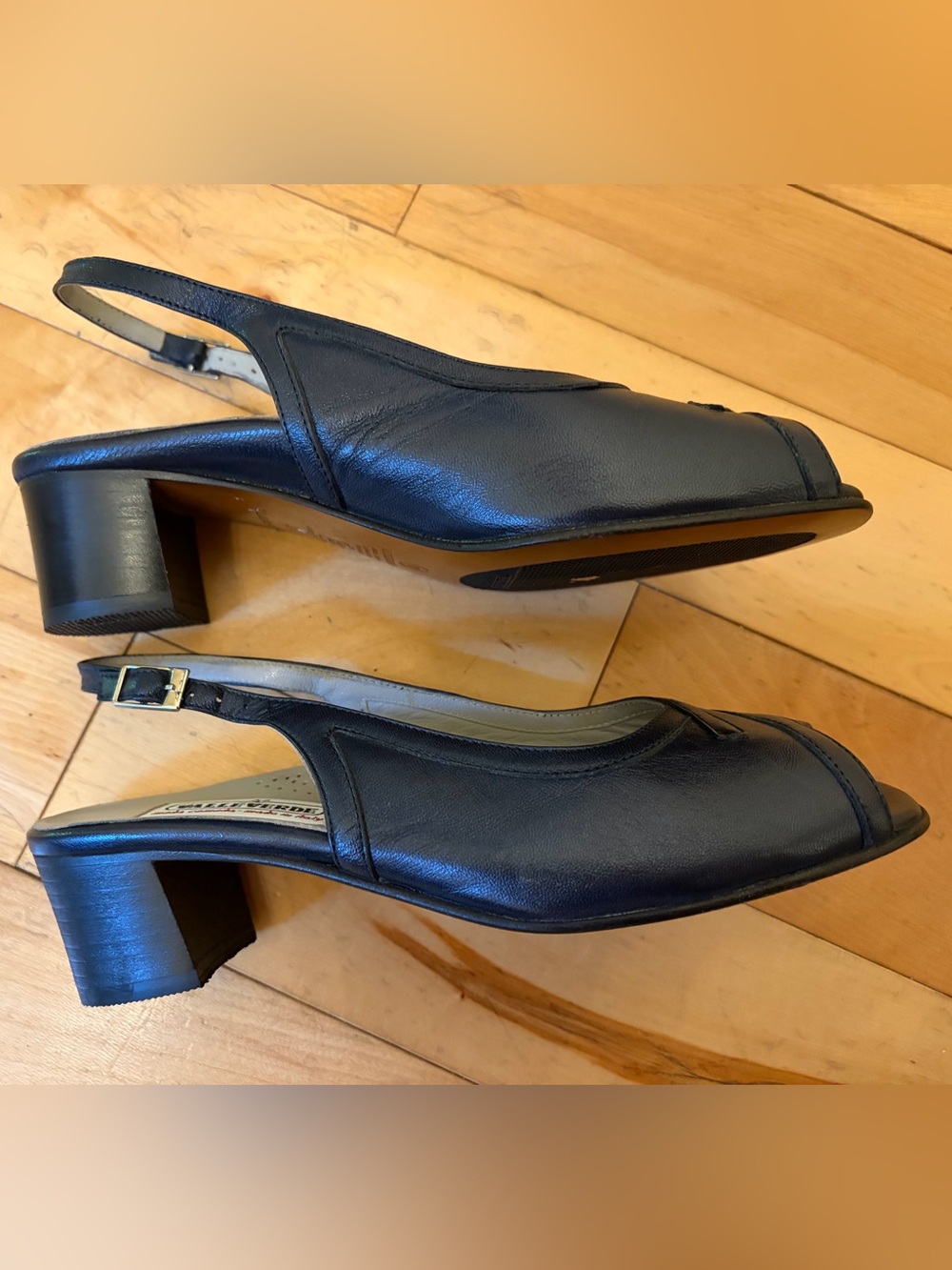 NWOT Navy Genuine Leather Slingback Peep-Toe Block Heels
